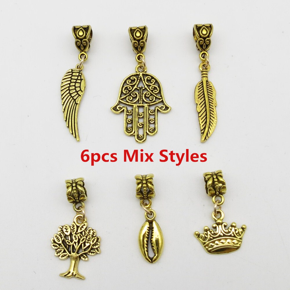 6 Stks/pak Gouden Viking Charms Haar Vlecht Dread Dreadlock Baard Kralen Manchetten Ringen Sieraden Voor Vrouwen Haaraccessoires: 6pcs Mix Styles
