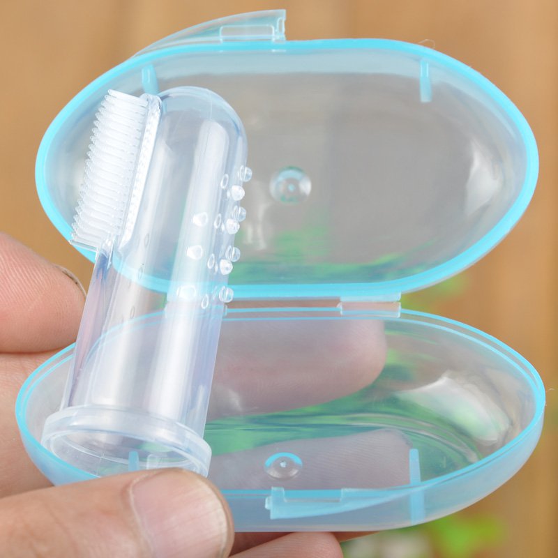 Cuidado Dental, cepillo de dientes para bebés, cepillo de silicona para los dedos, mordedor suave de masaje transparente con caja para niños y niñas