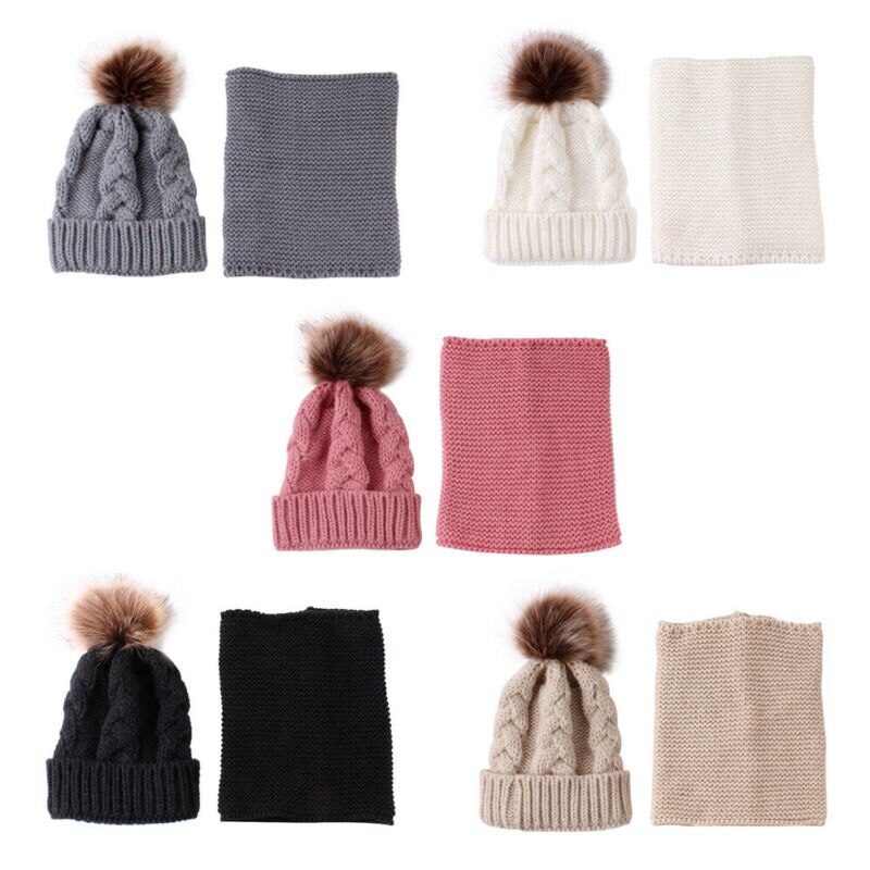 2 sztuk kapelusz dla dzieci + szalik pierścień chłopcy dziewczyny drutach szalik wełniany i futro Pom kapelusz nakrycia głowy akcesoria zimowe zestawy 0-3lat