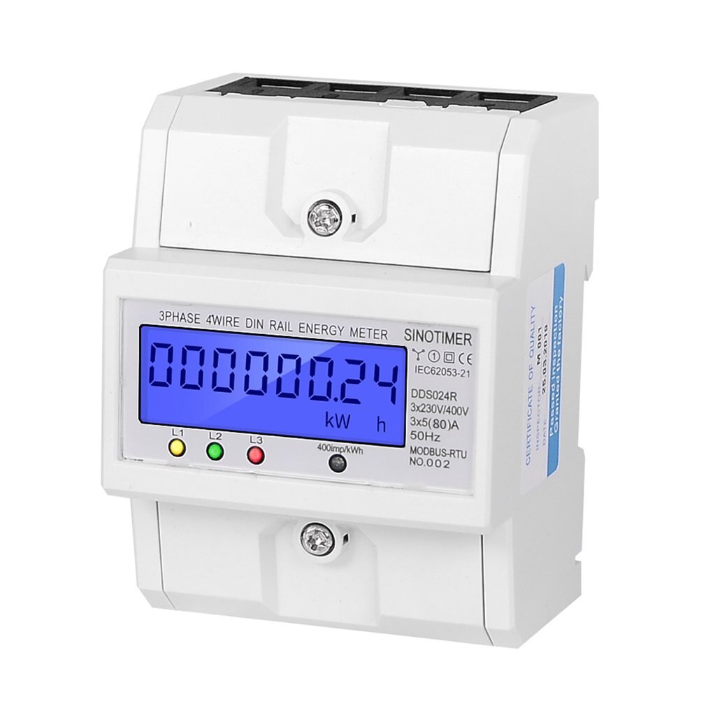 RS485 Modbus Rtu DIN Rail 3 Phase 4 Wire Electronic Wattmeter Power Consumption Energy Meter 5-80A 380V AC 50Hz LCD Backlight