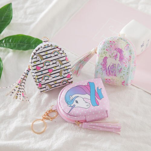 Nova moda adorável bolsas impressão unicórnio digital design borla moeda bolsa chave saco de cartão feminino coração presente