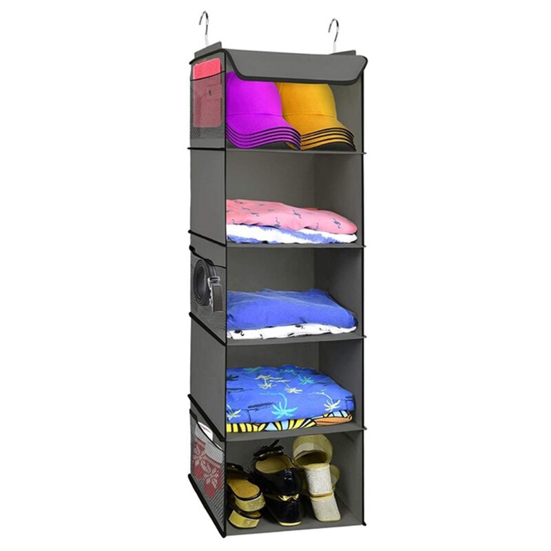 Yaapeet -Shelf Hanging Closet Organizer Collapsible Closet Side-Pockets Clothes Accessories Storage Washable Cloth Fabric: Gray