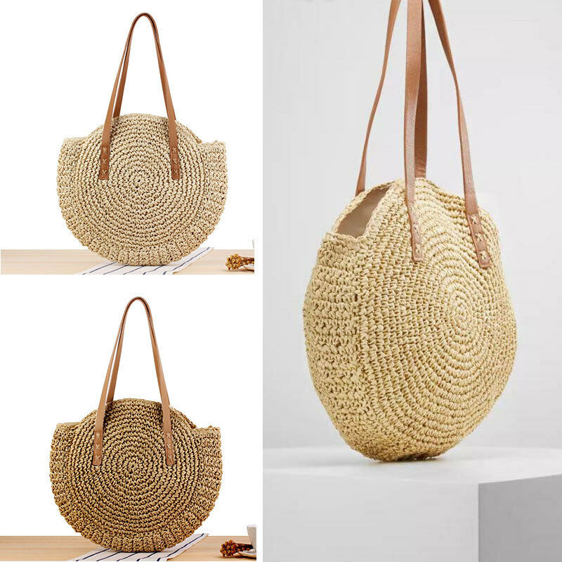 Bolso de mano tejido bohemio para mujer, bolso de playa de verano, bolso de paja, bolsos de hombro redondos de ratán