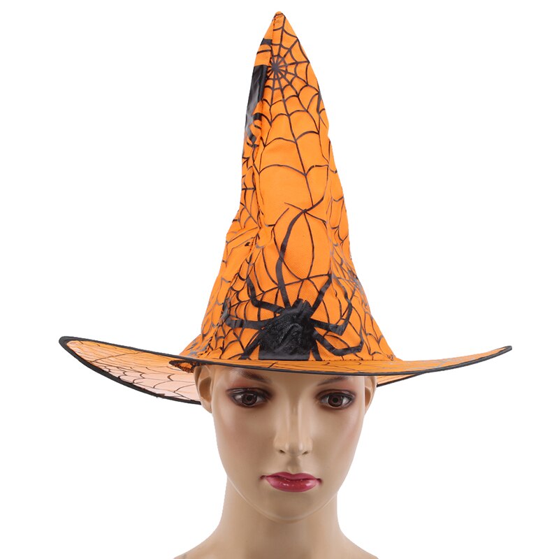 Børn voksenheks hat til halloween edderkoppespind trykt kostume tilbehør halloween forsyninger fest hatte børnefest: Orange