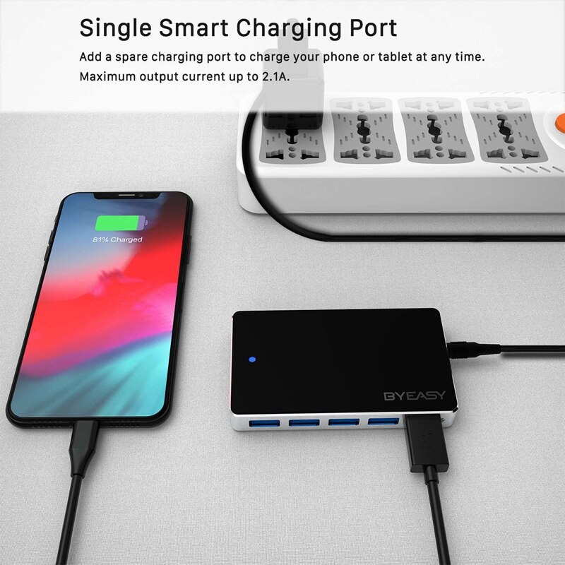 Byeasy UH-74 Hub 7-Port Usb 3.0 Hub Powered Usb 3.0 Splitter Met 5V2A Power Adapter 5Gbps