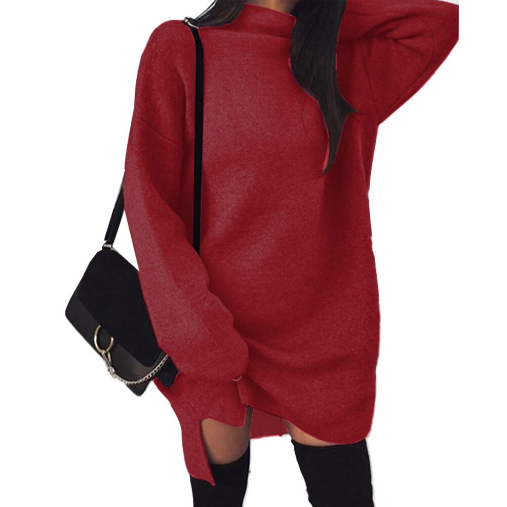 Hiver femmes couleur unie col roulé en vrac à manches longues tricoté robe pull col haut en vrac tricot fendu robe pull: Rouge / M