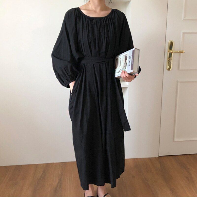 Superaen estilo coreano outono sólido o pescoço plissado laço-up cintura abraçando-bolso tornozelo comprimento longo lanterna manga vestido feminino