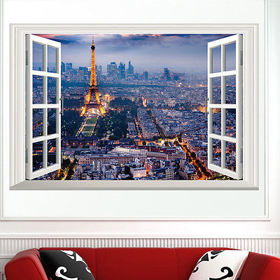 Mooie Kunst Eiffeltoren City Night Bekeken 3D Raam Muur Sticker Muurschilderingen Verwijderbare Vinyl Woonkamer Decor