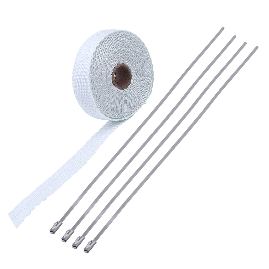 2.5CM 5M Roll Fiberglass Exhaust Header Pipe Heat Wrap Tape 4 Ties Kit Maintains temperature to 2000 degrees 6 color CB: White