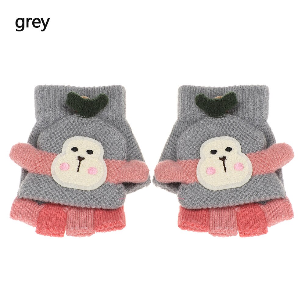 1 par bonito dos desenhos animados crianças luvas de malha meninos meninas inverno quente metade dedo flip superior luvas sem dedos para 3-8 anos de idade: grey