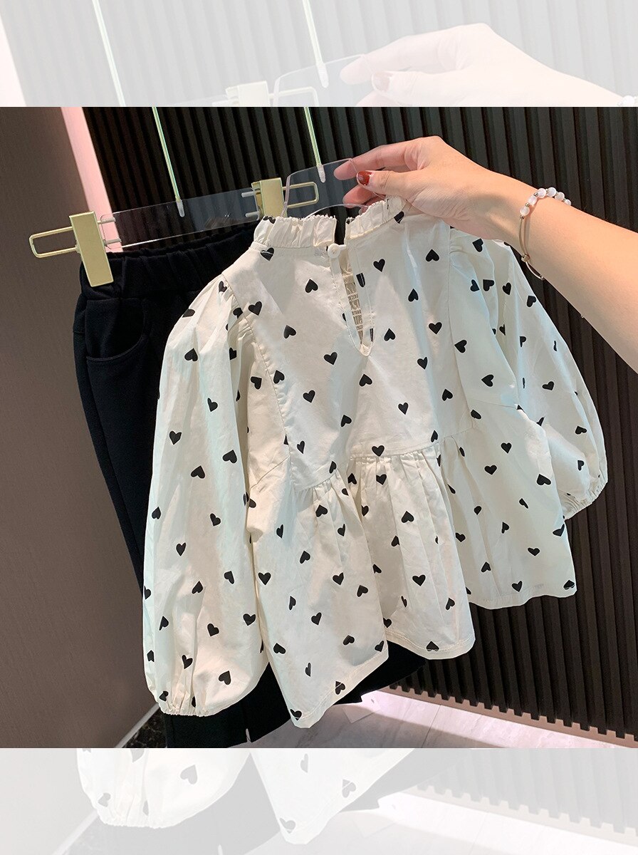 Chemisiers en coton pour filles, manches longues, cœur, printemps 2022