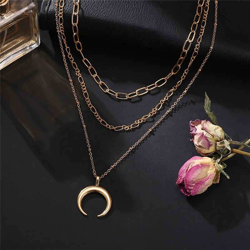 Bohemian Moon Pendant Multilayered Chain Necklace For Women Gold Map Coin Chain Choker Necklace Jewelry Party