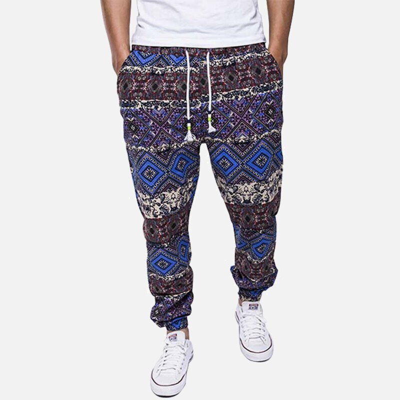 Hawaiian Mannen Bloemenprint Katoen Linnen Lange Harembroek Blauw Koortjes Zakken Man Broek Zomer Streetwear Joggers Mannelijke: L / Blauw