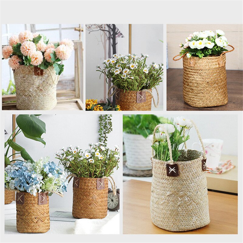 Retro blomsterarrangemang korg kruka sjögräs trädgård blomrör vas hängande flätad korg arrangör heminredning 2 st/set