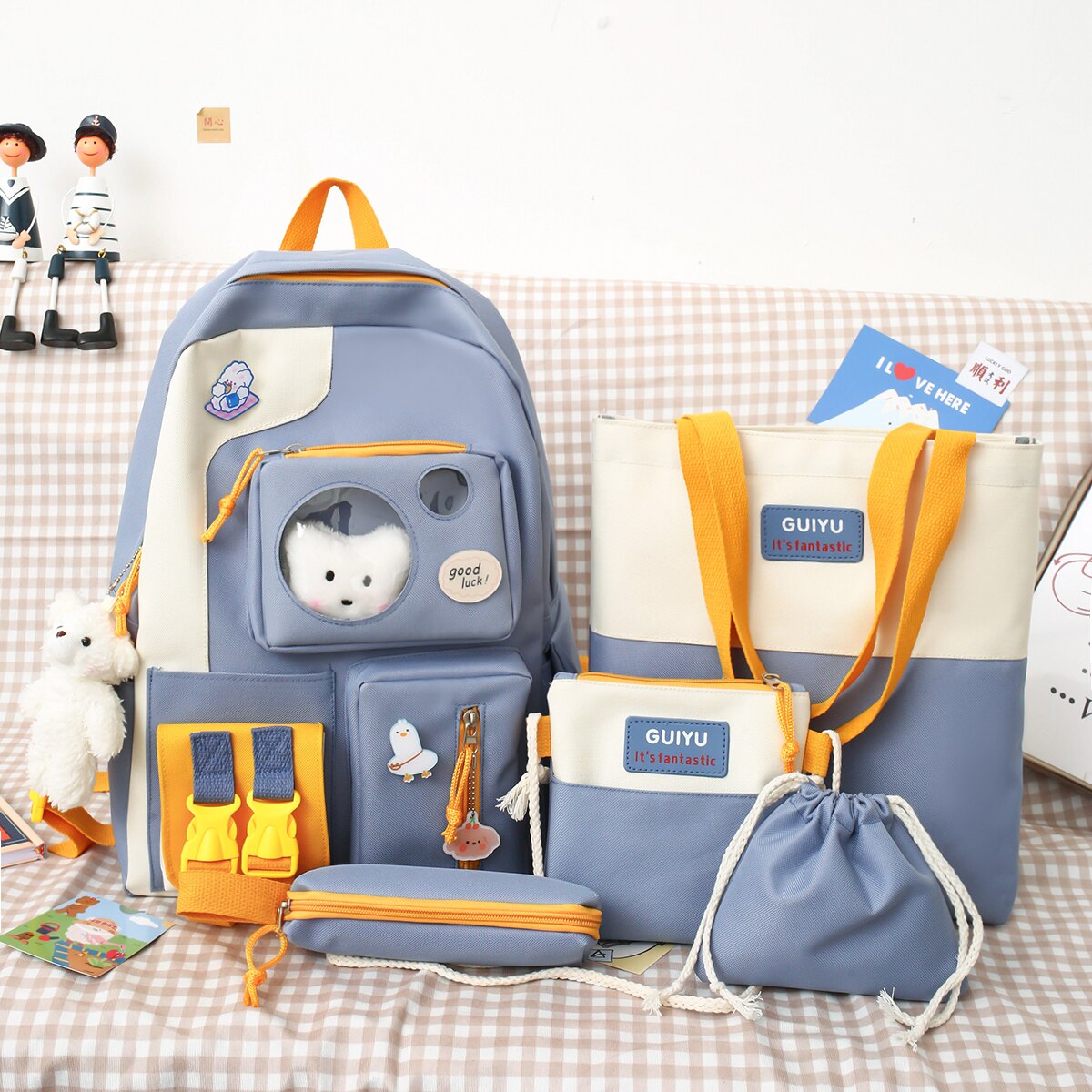 Wasser nachweisen Rucksack Für jugendlich Mädchen 2022 Nette Schule Tasche Für Frauen 5 Pes einstellen Schüler Rucksack Große Mehrere Taschen Tornister: Blau-GJ
