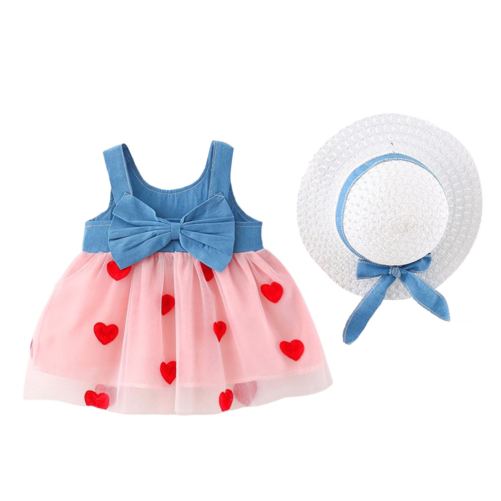 Abito estivo per bambine, ricamo a cuore fiocco decorazione maglia impunture Denim senza maniche bretella gonna principessa + cappello di paglia: Colore rosa / 24M