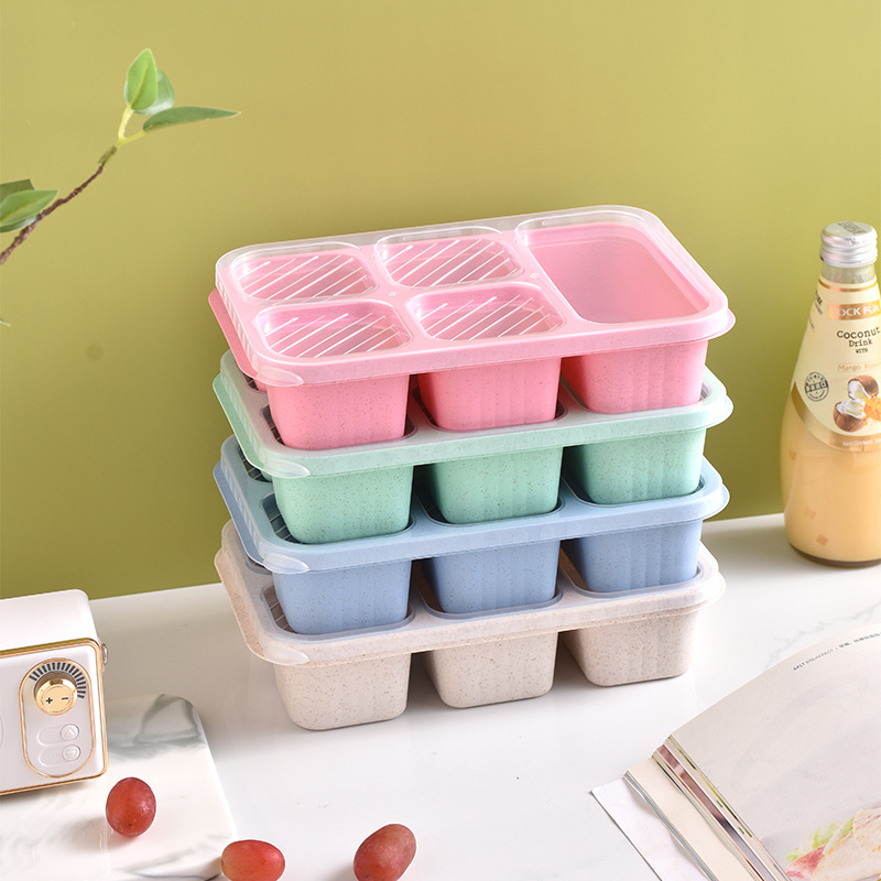 Lunchbox met vijf compartimenten en deksel, thee- en snackbox, lunchbox van tarwestro, bento-box, vershoudbakje voor snacks, snackbox.