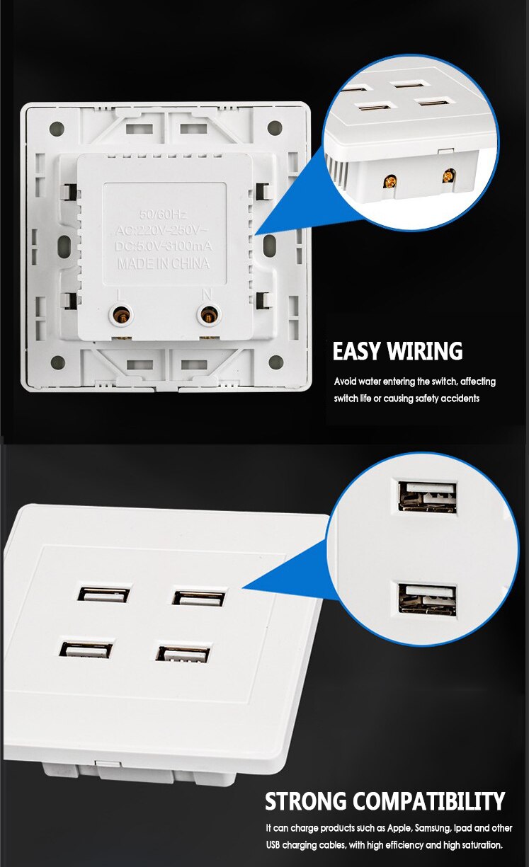 4 Port Usb Socket Stopcontact Panel Usb Plug Wall Charger Plate Koppeling Dc 5V Outlet Power Adapter Supply voor Smart Telefoon