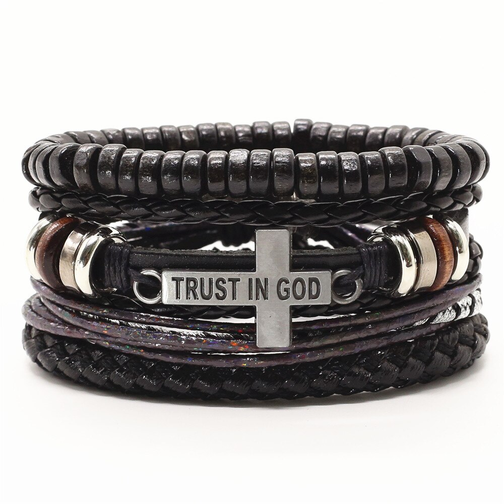 4 Stks/set Lion Cross Gitaar Charme Houten Kralen Mannen Lederen Armbanden Vrouwen Femme Homme Mannelijke Pulseras Sieraden: style 1