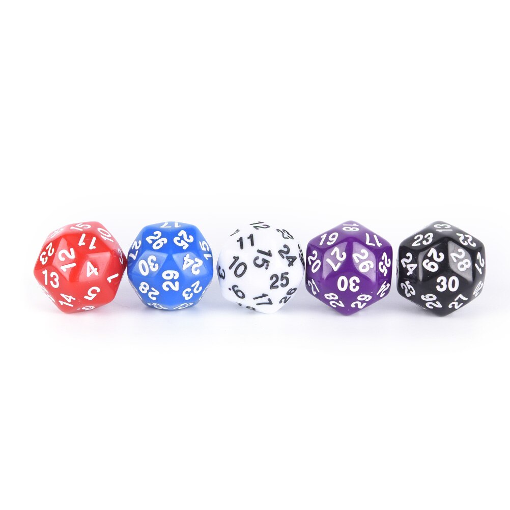 1 Uds. 25MM dados de 30 lados cubos plásticos dados negro/blanco/Rojo/Púrpura/Azul