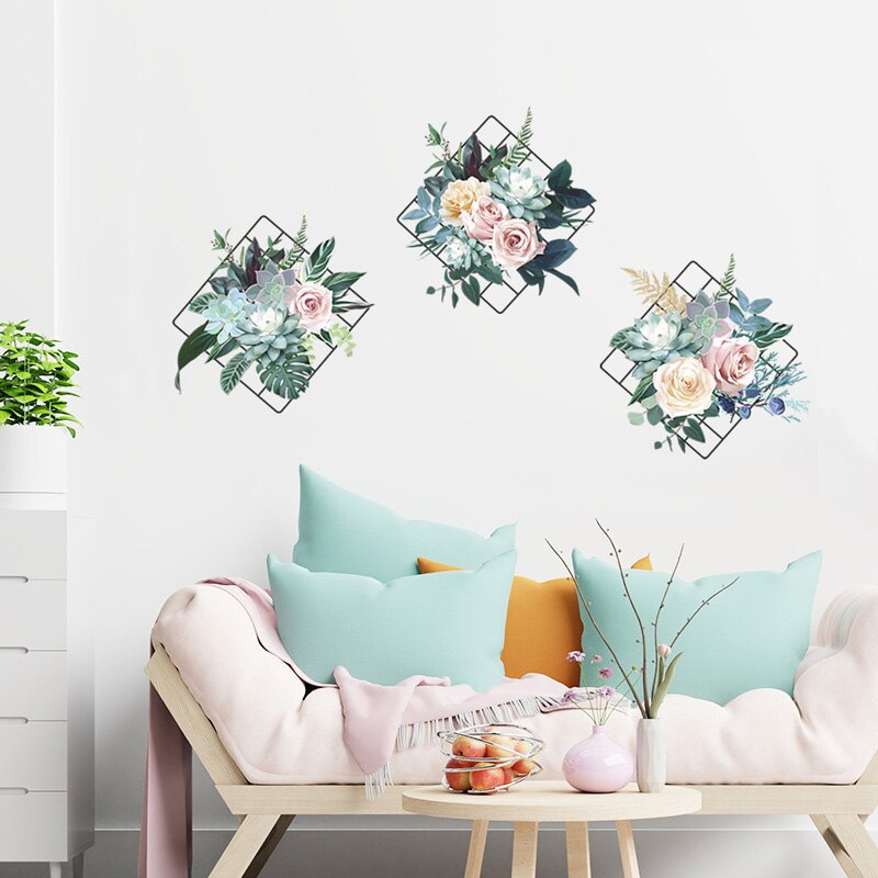 Grid Peony Flower Wall Sticker Living Room Entrance Bedroom Background Home Decoration Mural Wallpaper Plant Art Decals