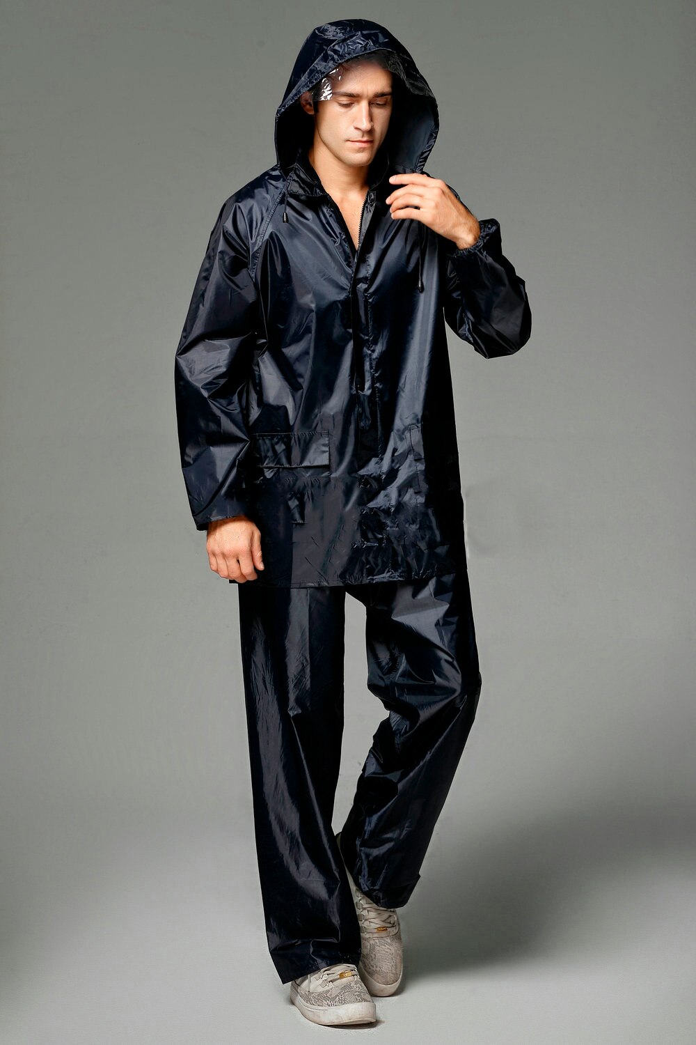 rain coat women polyester waterproof rainwear suits men navy raincoat for fishing camping YY094: navy set / XL