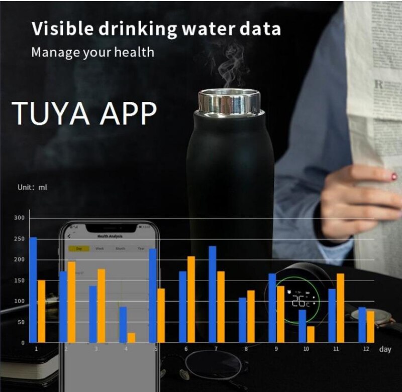 TUYA Smart Water Bottle 24-hour Insulation Cup Drinking Water Monitoring Timing Reminder High-End LCD Thermos Cups