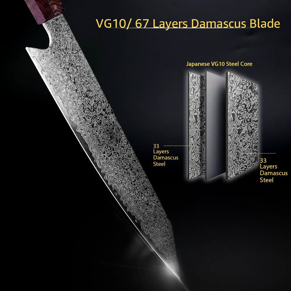 Kitchen Knife 8 Inch Damascus 67 Layers VG10 Chef Japanese Damascus Stainless Steel Santoku Cleaver Stabilized Wooden Handle