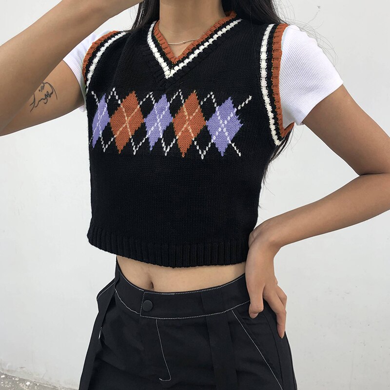 Colorful Argyle Plaid Knitted Sweater Vest Women Preppy Style Streetwear 90s Retro Striped Patchwork Sleeveless Knitwear