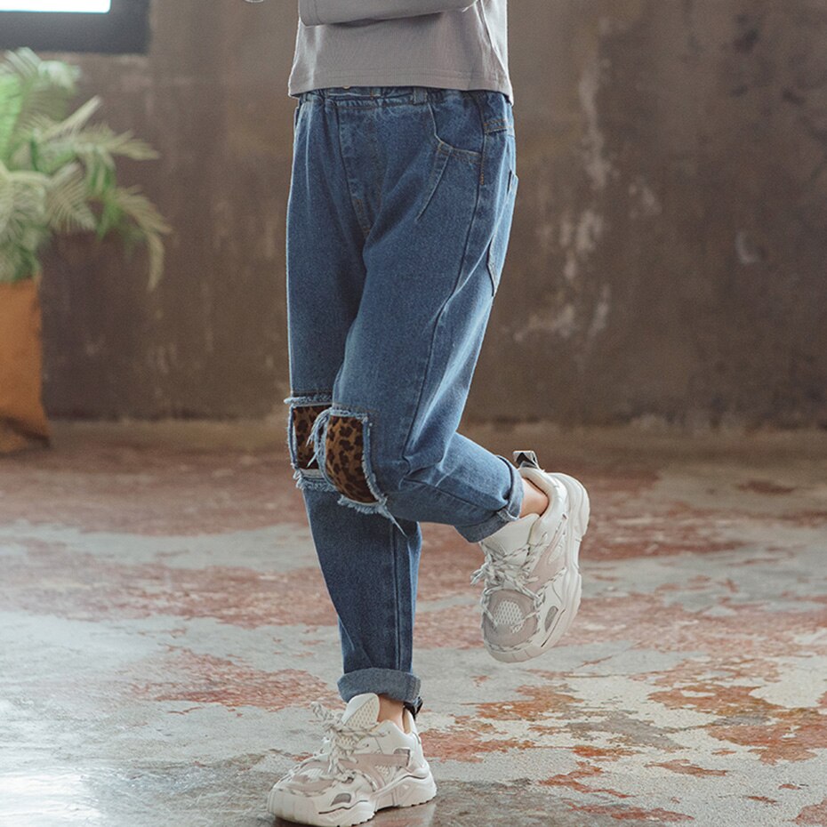 Jeans til piger leopard piger jeans bukser med hul efterår jeans børn casual stil tøj til piger 6 8 10 12 14
