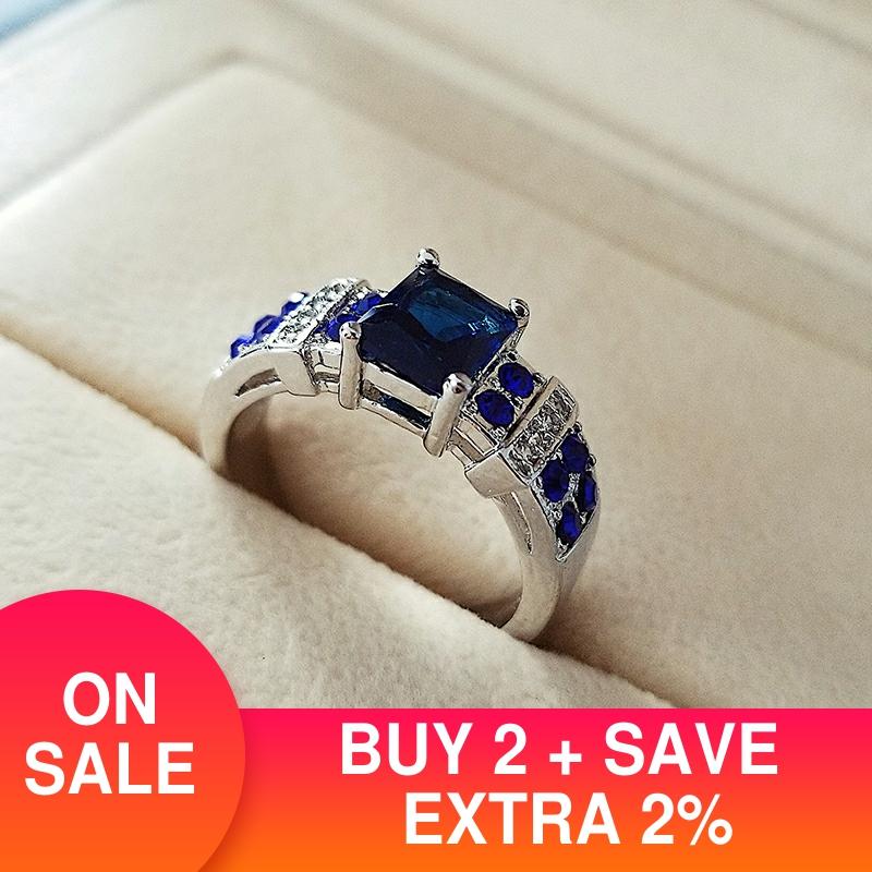 925 Sterling Zilver Blauw Rechthoek Zirkoon Engagement Ringen Voor Vrouwen Grote Vinger Bruiloft Party Sieraden Mode R5017