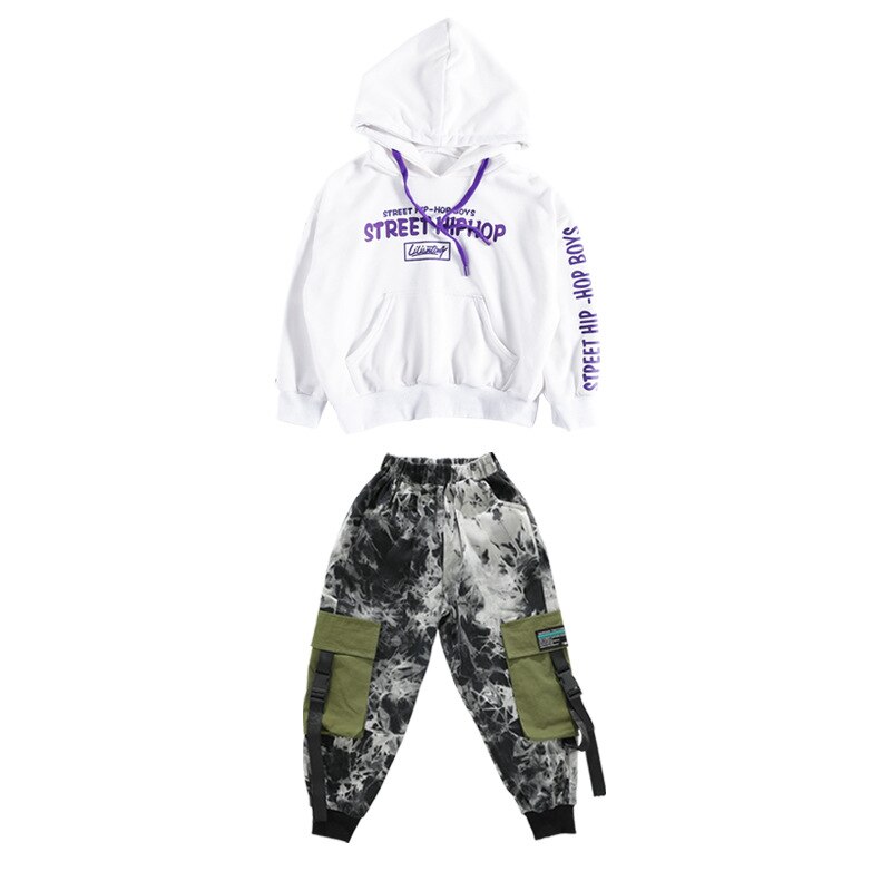 Chico ropa Hip Hop sudadera blanca con capucha Top sudadera camuflaje pantalones de camuflaje tácticos para niña niño trajes de baile de Jazz ropa de calle