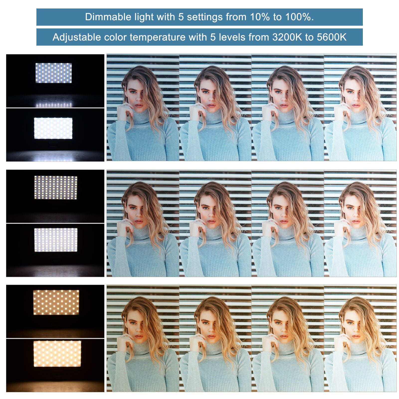 Panel de luz de vídeo LED en la Cámara, lámpara regulable de 3200K-5600K, brillo ajustable, luz Flash con soporte de zapata fría para fotografía