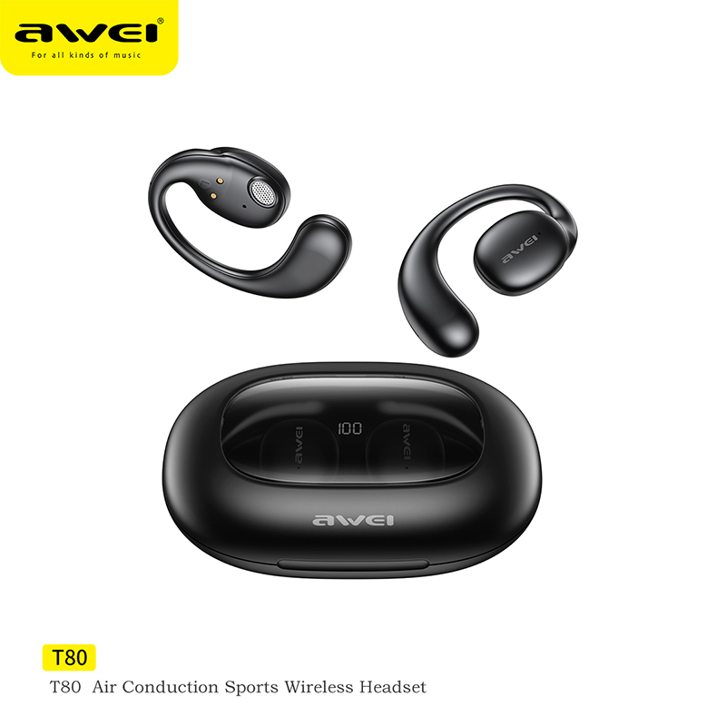 Awei T80 Bluetooth 5.3 słuchawki otwarte przewodnictwo powietrzne zaczep na ucho bezprzewodowe słuchawki sportowe z mikrofonem długi czas czuwania zestaw słuchawkowy 450mah: czarny