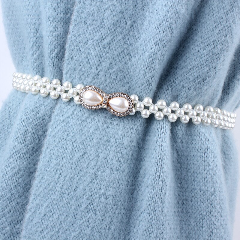 Correa de cadena fina con sello de elasticidad elástica de la cintura blanca para mujer, diamantes de imitación y perlas para decoración de falda, fajas de ,