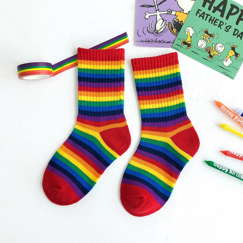 Kids Knee High Rainbow Socks Spring Summer Toddler Child Girls Boys Cotton White School Socks Stripe Long Sock Baby Accessories: 8 / S(1-3 years old)