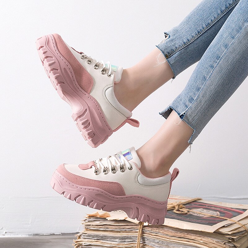 Fujin sneakers dames herfst lente dikke zool ademend vrijetijdsschoenen ronde neus vetersluiting damesschoenen