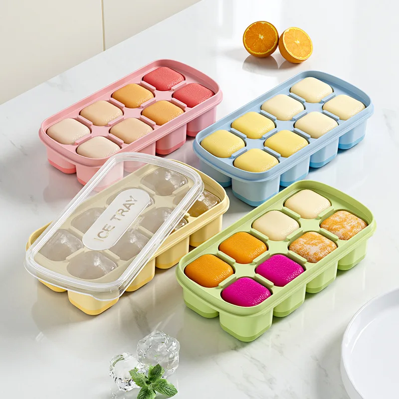 8 Cavity Square Ice Cube Trays Reusable Silicone Ice Cube Mold BPA Free Ice Maker with Removable Lids Kitchen Accessories