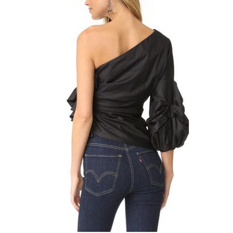 Bella Philosophy spring women three quarter sleeve blusas solid ladies ruffles shirt skew collar female puff sleeve blouse