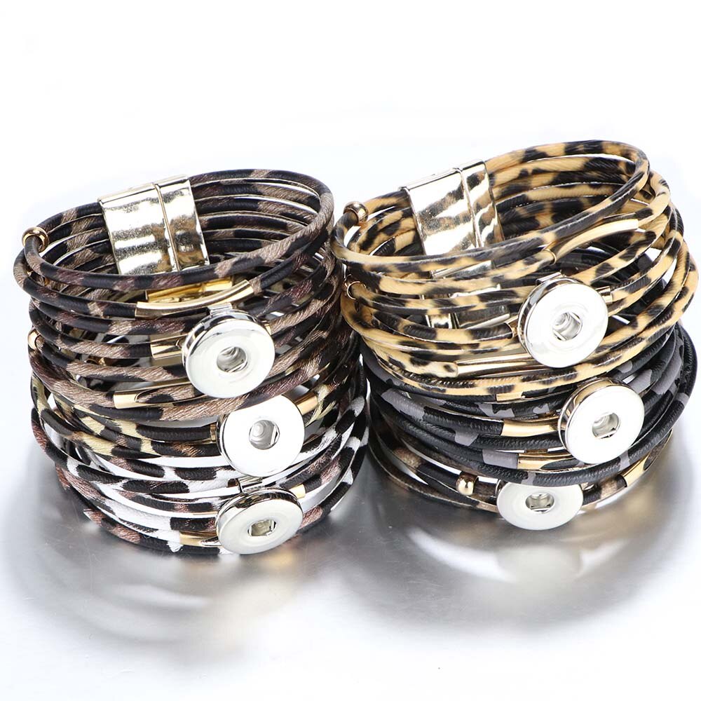 Snap fastener jewelry, 18mm snap fastener bracelets, punk multilayer leather leopard print, magnetic buckle bracelet, bracelet snaps jewelry