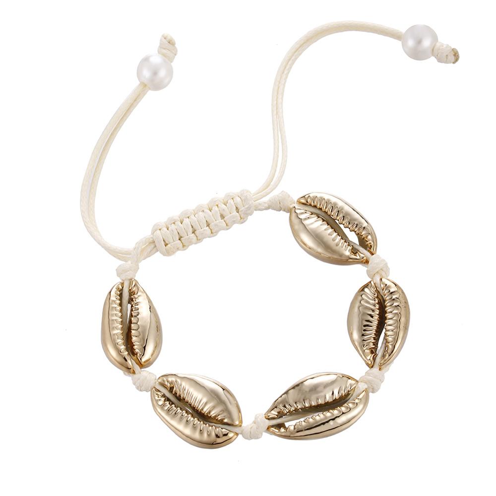 Natural Seashell Hand knit Rope Chain Bracelet Charm Bohemia Jewery Shell Bracelets Women Conch Beaded Strand Bracelets: Gold-color