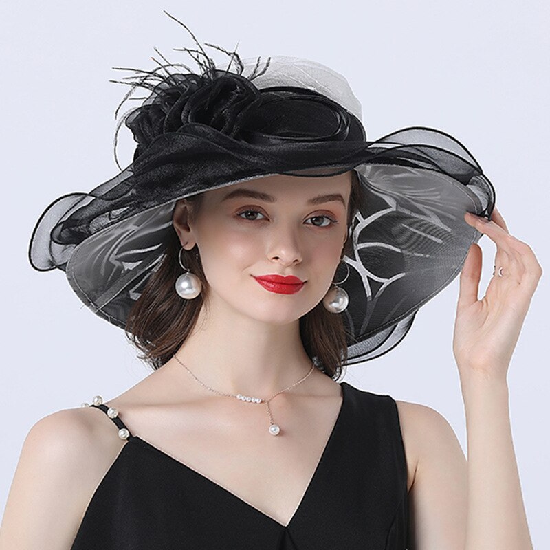 Women Summer Church Hat Organza Wide Brim Sun Hat Ladeis Fascinator Hat for Kentucky Derby Wedding Bridal Hat Dress Party Hat: Black