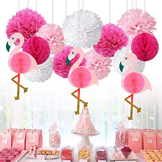 14Pcs/Set Pink Flamingo Party Decorations Honeycomb Decoration Tissue Paper Pom Poms Flowers Paper Fans for Baby Shower Supplies