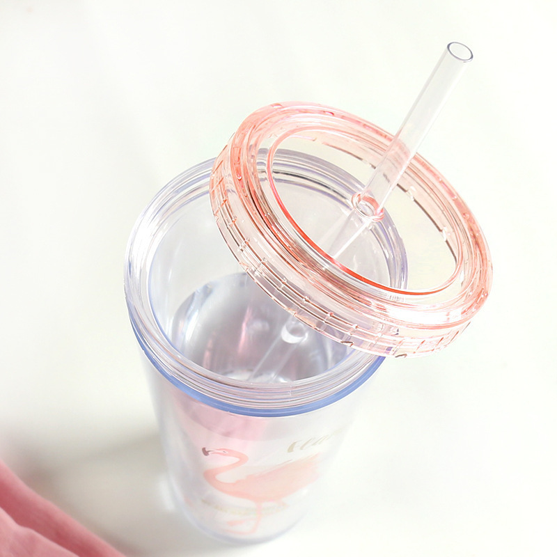 Flamingo plastik kopper med halm drinkware tegneserie drikke beholder dobbelt væg kaffe te mælk juice vand kop krus