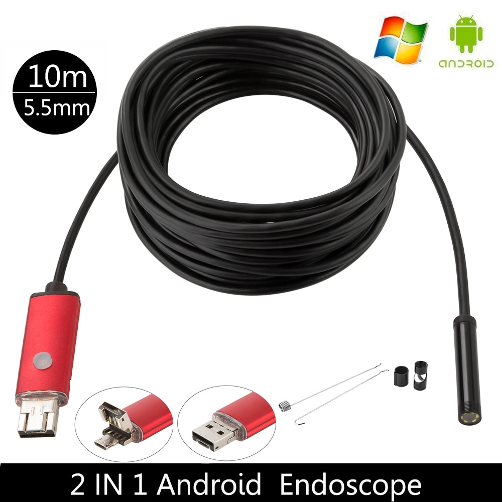 Cámara endoscópica USB para teléfono inteligente, boroscopio Flexible de inspección con tubo de serpiente, 6LED, 5,5 MM, 1m, 2m, 5m, 10m
