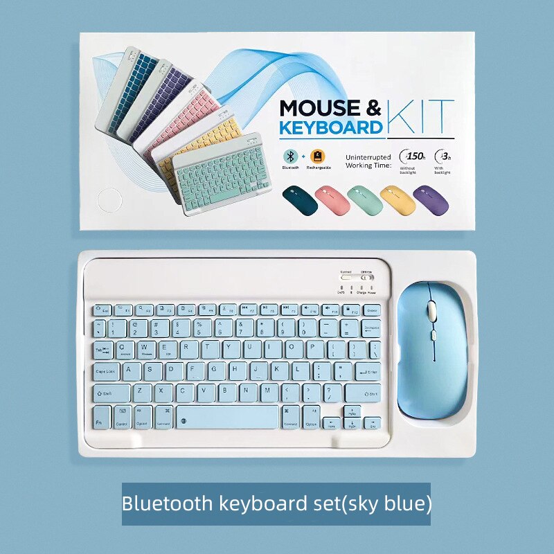 Bluetooth keyboard mouse set wireless portable ultra-thin rechargeable multifunctional mini keyboard and mouse for laptop tablet: Blue