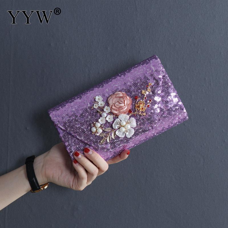 Purple Clutches Bag Bead Flower Bolsa Feminina Women Evening Prom Night Party Purse Female Crossbody Bag Lady Purse