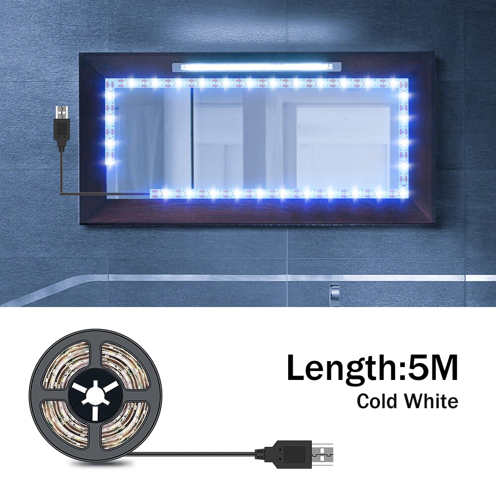 Luz LED para espejo de tocador de maquillaje, lámpara de belleza alimentada por USB para iluminación de decoración del hogar, 1M, 2M, 3M, 4M, 5M, 5V: 5M  Cold White