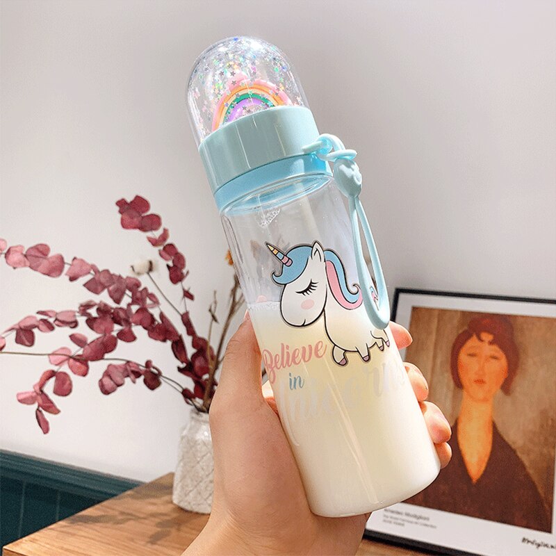 Botella de agua de plástico de color arcoíris con dibujos de unicornios, divertido, creativa, taza de agua para niños, a prueba de gotas: blue