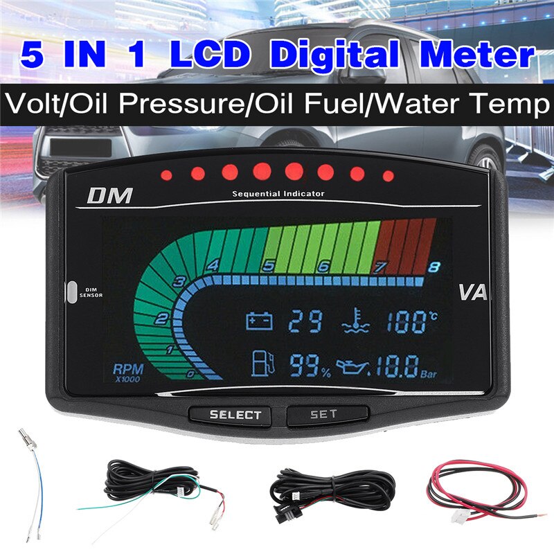 12V/24V 5 in 1 Car Universal Truck LCD Digital Instrument Oil Pressure Gauge Volt Voltmeter Water Temperature Fuel Gauge Tachome